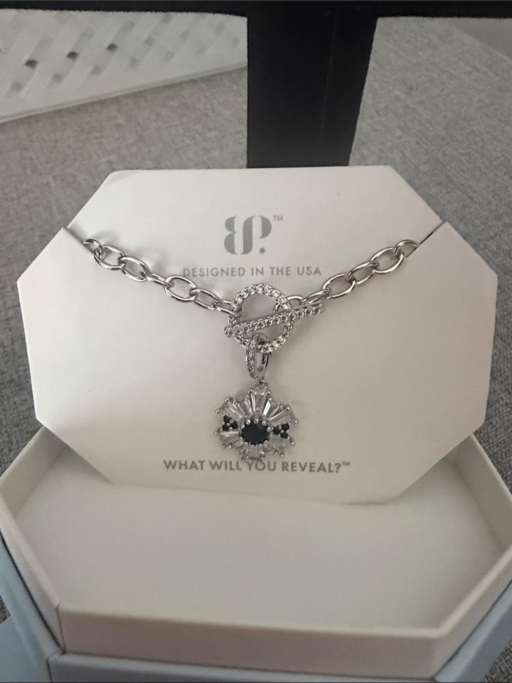 bp Silver-Tone Toggle Necklace with Black Crystal Fan Pendant